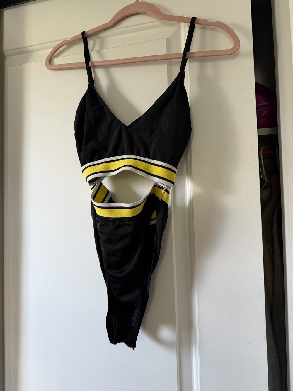 Black One-Piece Cutout Swimsuit with Yellow Stripe
